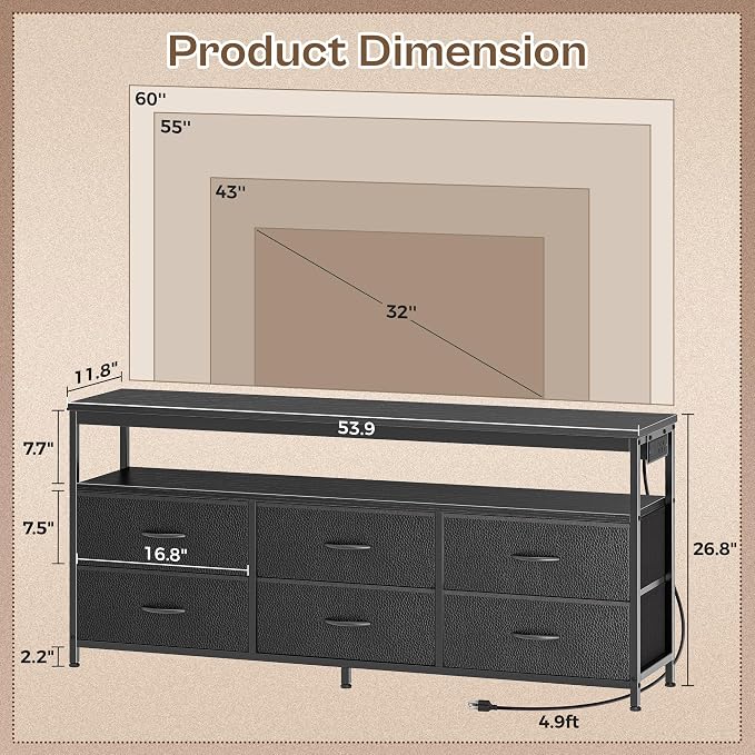 Huuger LED TV Stand for Bedroom, 55 Inch Fabric Dresser - Image 2