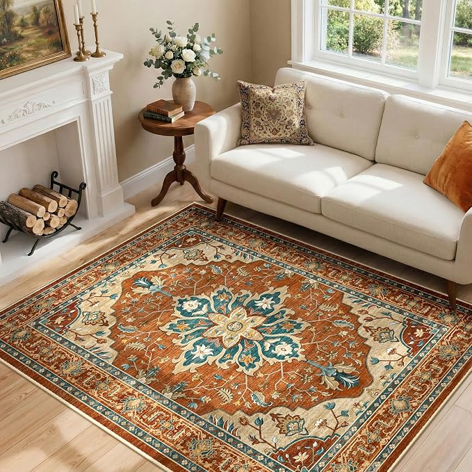 RELEANY Area Rugs 4'x6' Washable Non-Slip, Floral Vintage Distress Print by RELEANY