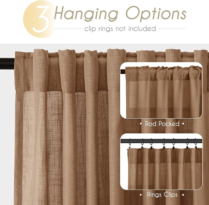 Brown Curtains for Living Room Back Tab Modern Farmhouse Semi Sheer Brown - Image 2