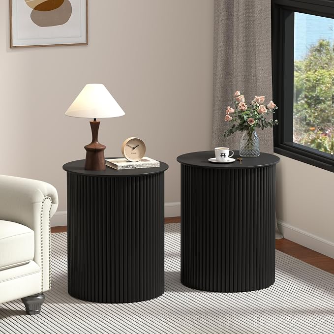 AVZEAR Small Round Side Table Fluted Night Stand Set of 2, 17.7" Mid Century - Image 3