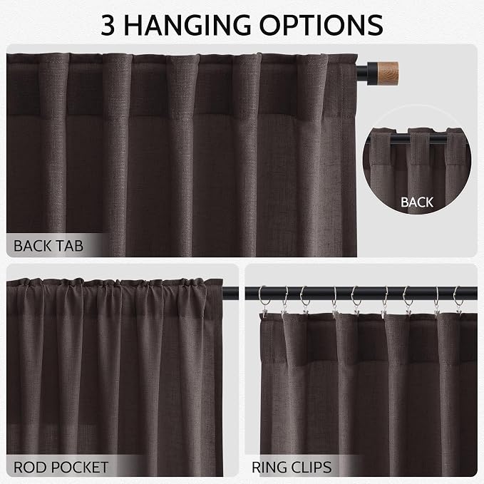 Nanspring Cocoa Coffee Linen Blend Light Filtering Back Tab Curtains 96 Inches - Image 3