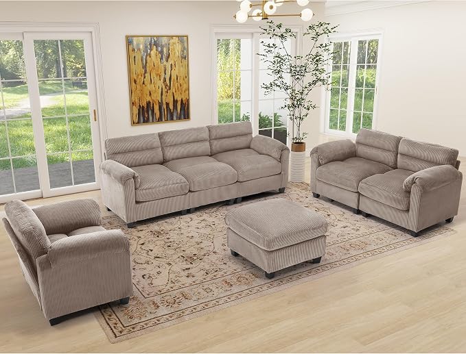 HAOMARKETS Corduroy Sofa Set, Upholstered Ottoman, and 3-Seater Couch - Image 3