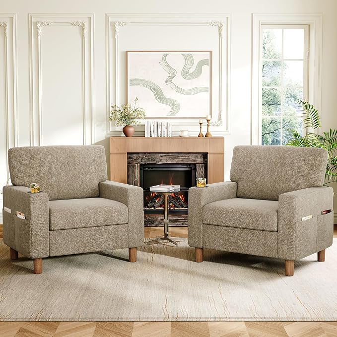 Mid Century Modern Accent Chairs Set of 2, Chenille Comfy Living Room Arm Chairs by ErdoruLiving