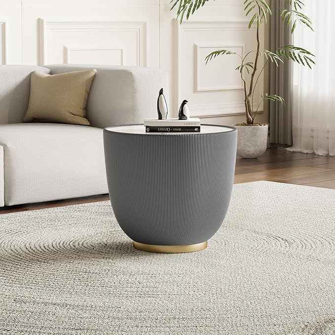 Henf Marble Round Side Table, 19.7" Fluted End Table - Image 2
