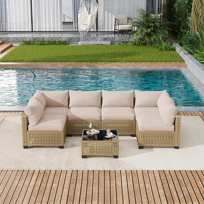 LOUVIXA 7 Piece Outdoor Patio Furniture Set, Outdoor Sectional Sofa, Wicker - Image 9