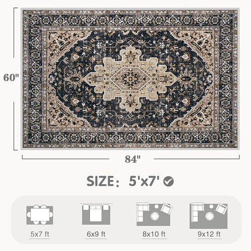 Area Rugs 5x7 Vintage Rug: Washable Living Room Rug Retro Medallion Distressed - Image 2