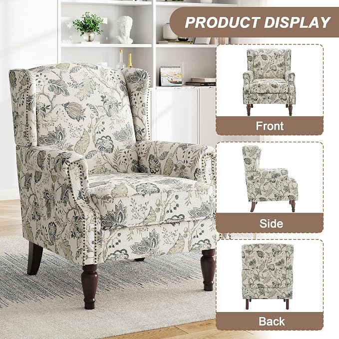 Pia Ricco Set of 2 Floral Accent Chairs, High Back Upholstered Armchairs - Image 3