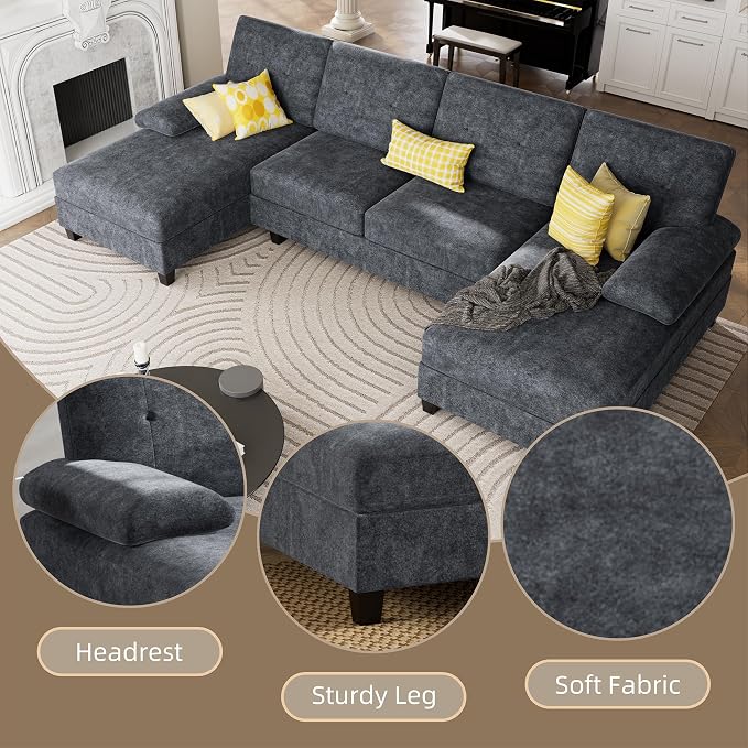 U-Shaped Sectional Sofa with Double Chaise, Linen Fabric 4-Seat Modern Couch - Image 4