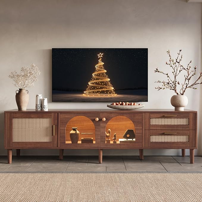 Merax Rattan TV Stand with LED Lights, Solid Wood Feet, Living Room, Bedroom by Merax