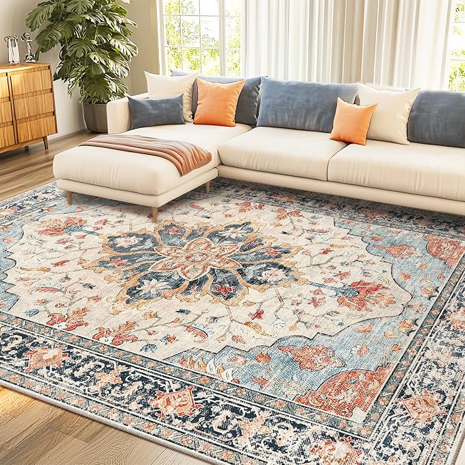 RELEANY Area Rugs 7'x10' Washable Non-Slip, Floral Vintage Distress Print by RELEANY