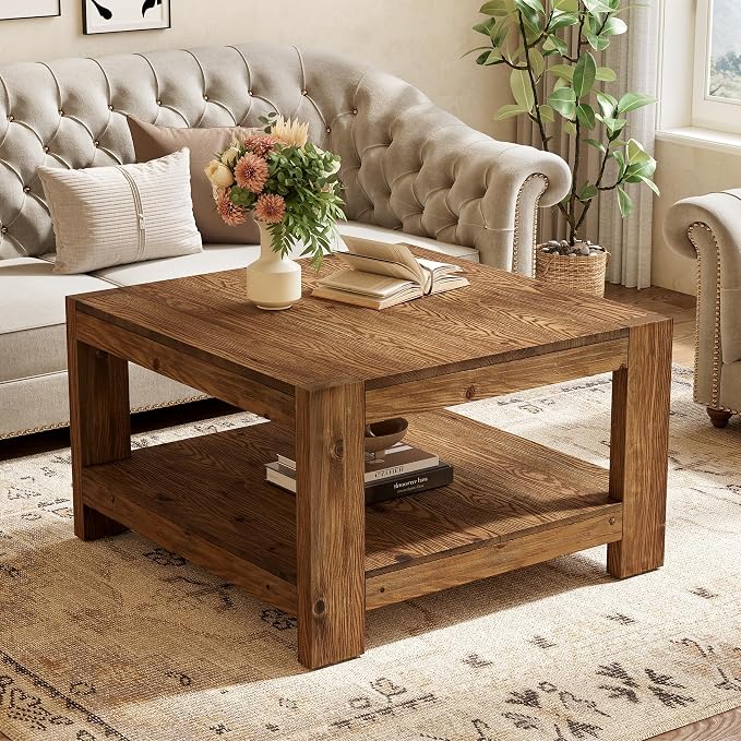 Solid Wood Coffee Table, 31.5" Square Farmhouse Center Table - Image 3