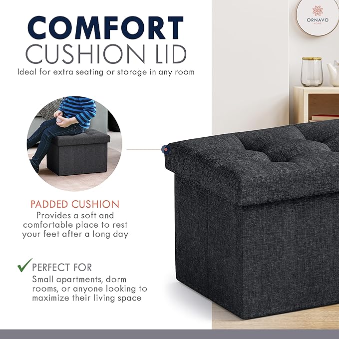 Ornavo Home Small Storage Ottoman, Foldable Collapsible Rectangle Linen Ottoman - Image 6