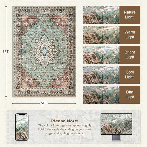 5x7 Area Rugs Living Room Rug: Washable Vintage Distressed Floral Rug No Slip - Image 2