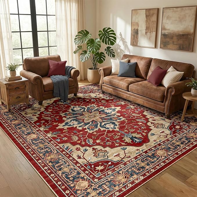 RELEANY Area Rugs 5'x7' Washable Non-Slip, Floral Vintage Distress Print by RELEANY