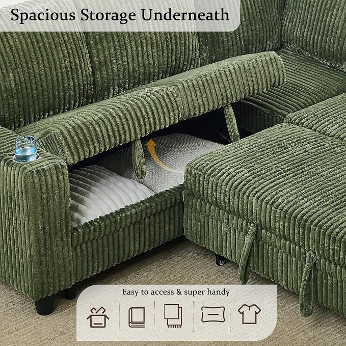 L-Shaped Sectional Couch with Storage and Pull Out Bed, Convertible Sofa Bed - Image 4