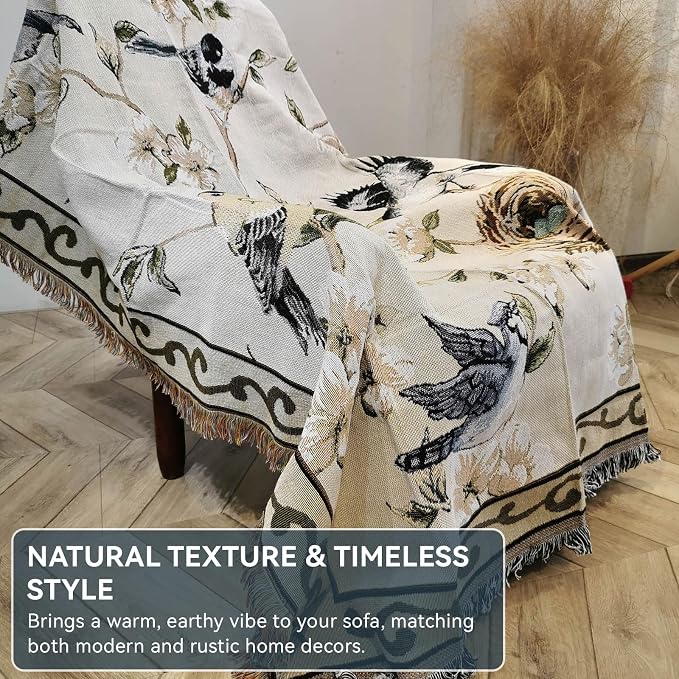 VClife Boho Beige Jacquard Couch Cover Modern Floral Bird Cotton Linen Slipcover - Image 7