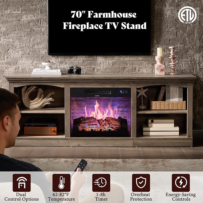 AMERLIFE 70" Farmhouse Fireplace TV Stand - Image 2