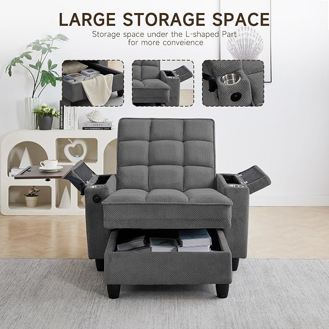Oversized Recliner Chair with Swivel Tray Table, Modern Tufted Linen Fabric - Image 4