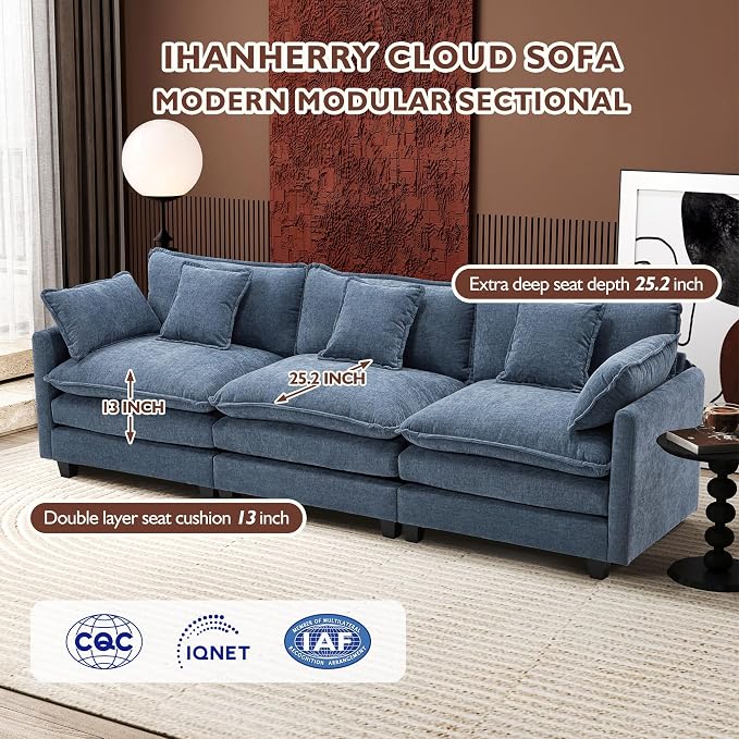 Ihanherry 111.4 Inch 3-Seater Cloud Sofa, Modular Sectional Couch, Modern Deep - Image 3