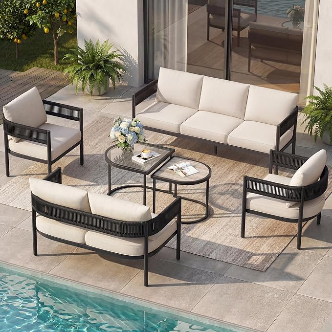 Grand patio 6-Piece Outdoor Furniture Set, 7 Seats Wicker Sofa Conversation Set by GrandPatio