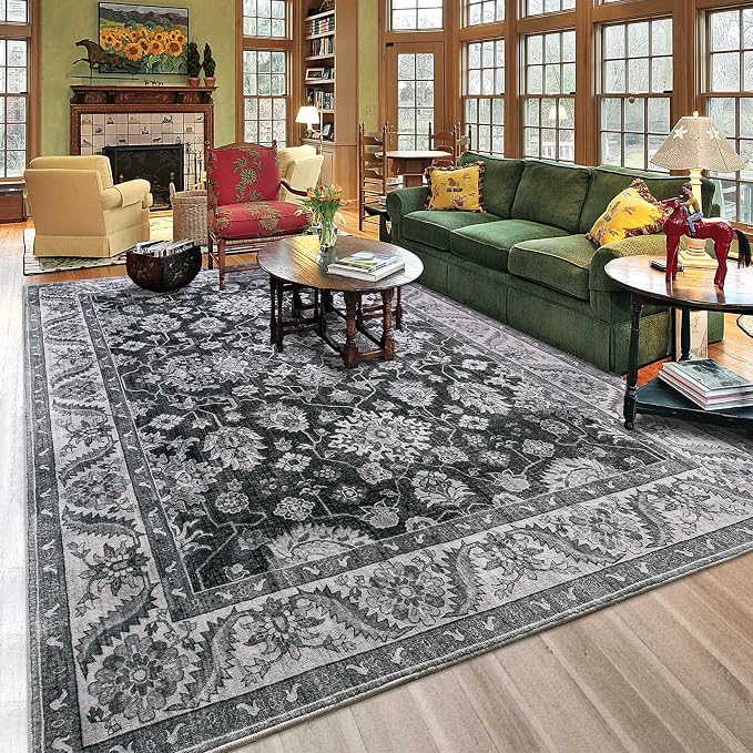 Area Rug for Living Room, 8x10 Area Rugs Washable, Retro Floral Non-Slip Carpet by Rtizon