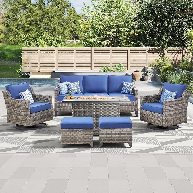 Patio Furniture Set with 42.5" Fire Pit Table-6 Pieces All Weather Wicker by AMCLOBA