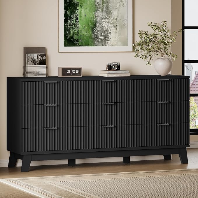 BORNOON 63" Long Dresser for Bedroom, 9-Drawer Fluted Dresser, Extra-Wide Wood by BORNOON