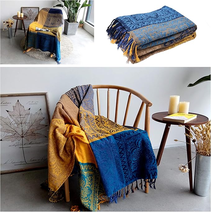 Bohemian Throw Blanket for Couch，Colorful Chenille Tassels Boho Woven Hippie - Image 8
