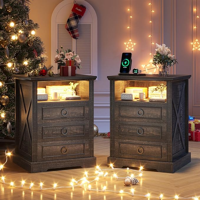 Nightstand Set 2 with Charging Station, Farmhouse End Side Table with 3 Drawers by TAGELIER