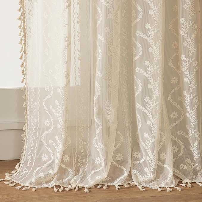 WAZZIO Boho Lace Curtains 2 Panels 108 Inches -Cute Vintage Victorian Sheer by WAZZIO