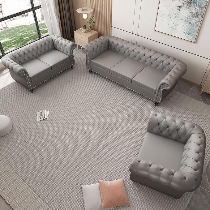 ORRD 3 Piece Living Room Set, Chesterfield Leather Sofa Loveseat Couch Chair - Image 9