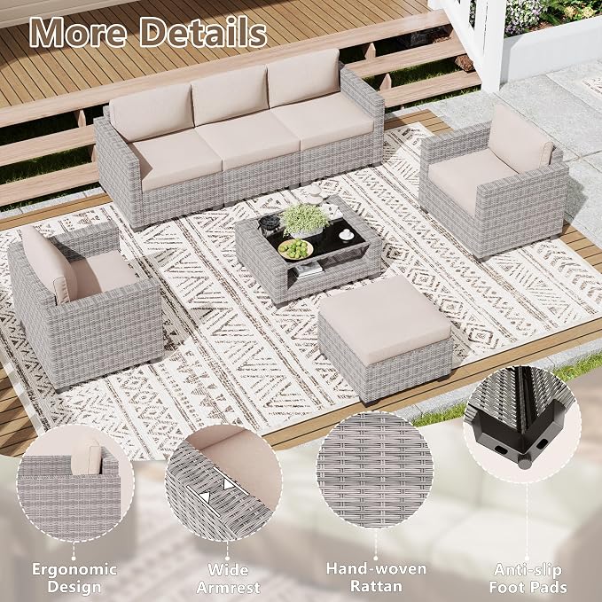 LOUVIXA 7 Piece Outdoor Patio Furniture Set, Rattan Chairs Glass Table Wicker - Image 5