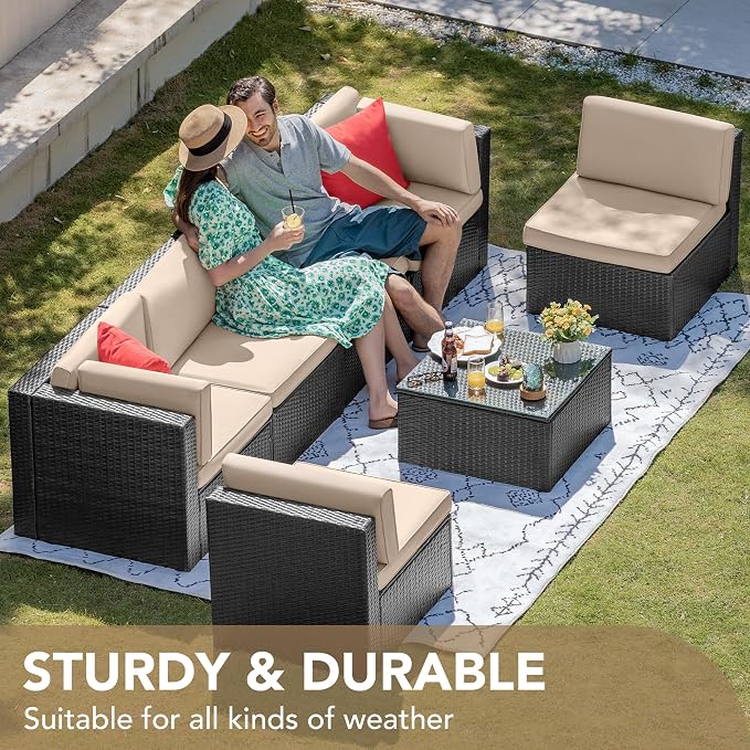 Devoko 7 Pieces Outdoor Sectional Sofa Patio Furniture Sets Manual Weaving - Image 2