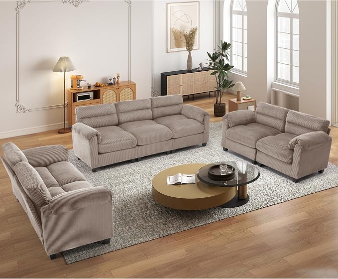 HAOMARKETS Corduroy Sofa Set, Two Upholstered Loveseat, and 3-Seater Couch by HAOMARKETS