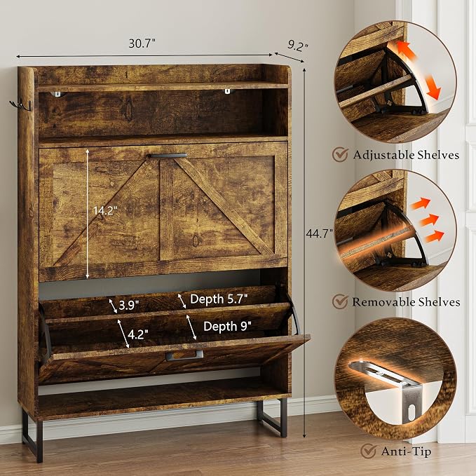 BORNOON Shoe Cabinet with 2 Flip Drawers Narrow Shoe Storage Cabinet Organizer - Image 2