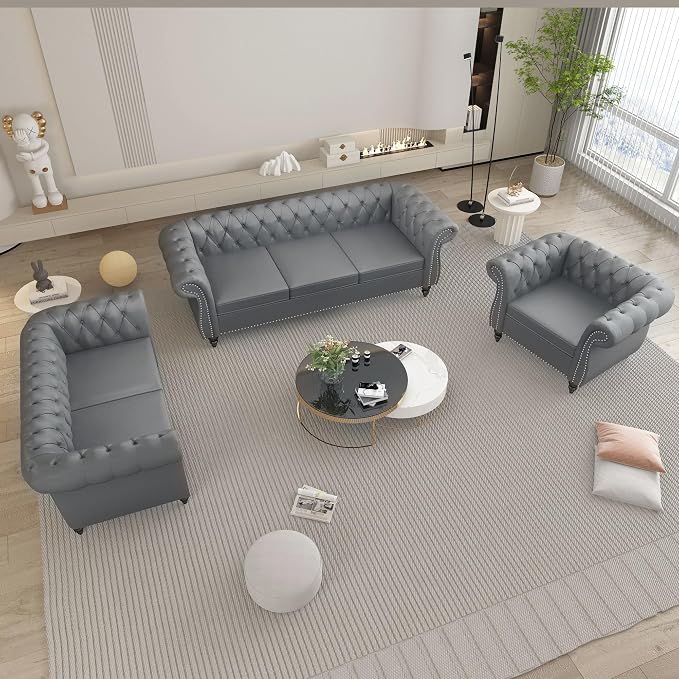QHITTY 3 Piece Living Room Set, Sectional Chesterfield Sofa Chair Contemporary - Image 9