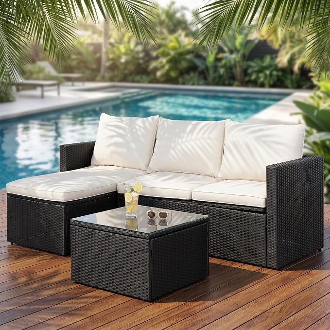 SUNLEI 3 Piece Patio Furniture Set, Outdoor PE Rattan Sectional Sofa Set - Image 7