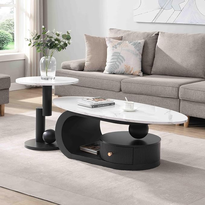 Modern Oval Coffee Table Set of 2, Faux Marble Coffee Table and Round End Table by Henf