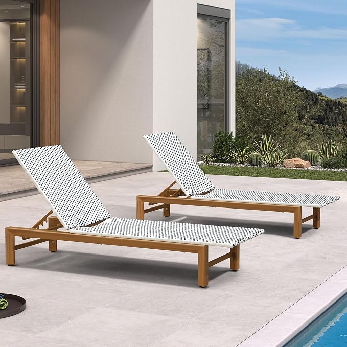 PURPLE LEAF Patio Chaise Lounge French Outdoor Lounger 1 Piece Matte Teak Grain by PURPLELEAF