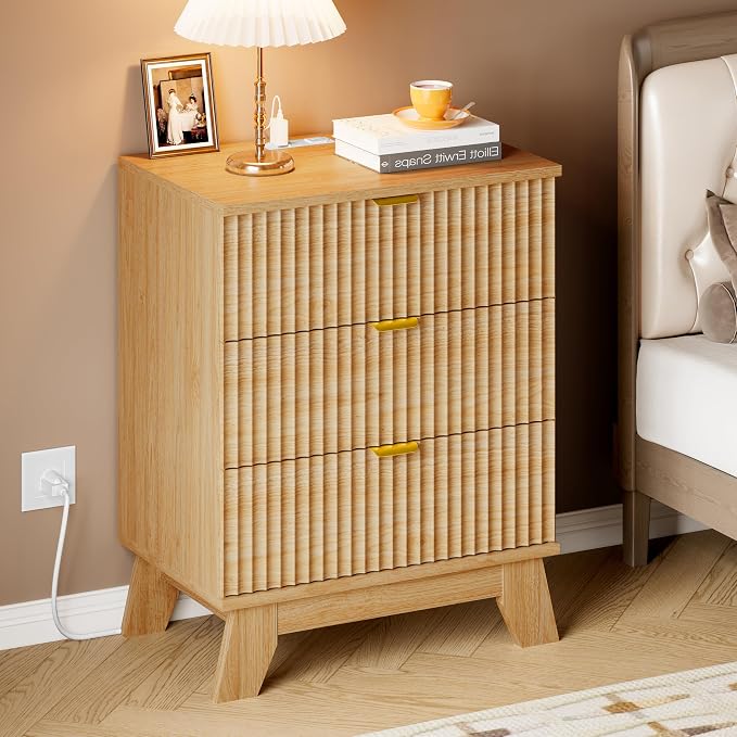 BORNOON 30.5" Nightstand with Charging Station, 3-Drawer Fluted Bedroom Chest - Image 6