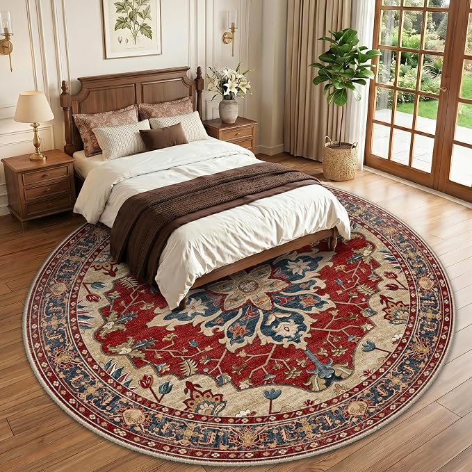 RELEANY Area Rugs Round 10ft Washable Non-Slip, Floral Vintage Distress Print - Image 2