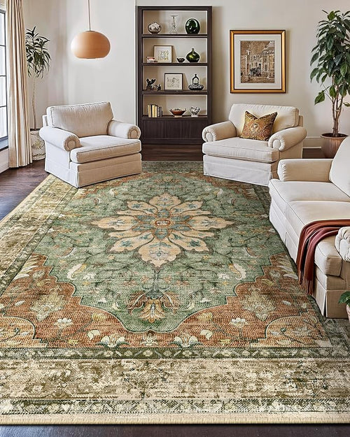 Area Rugs 10'x14' Washable Non-Slip, Floral Vintage Distress Print Pattern - Image 2