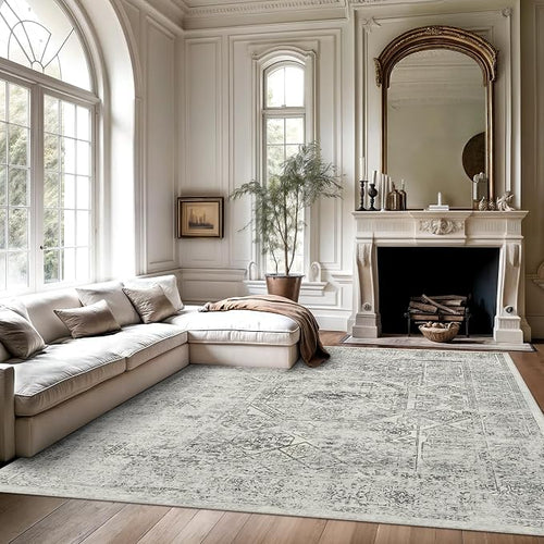5x7 Area Rugs Grey Low Pile Indoor Washable Trendy Faded Style Floral Rugs - Image 2