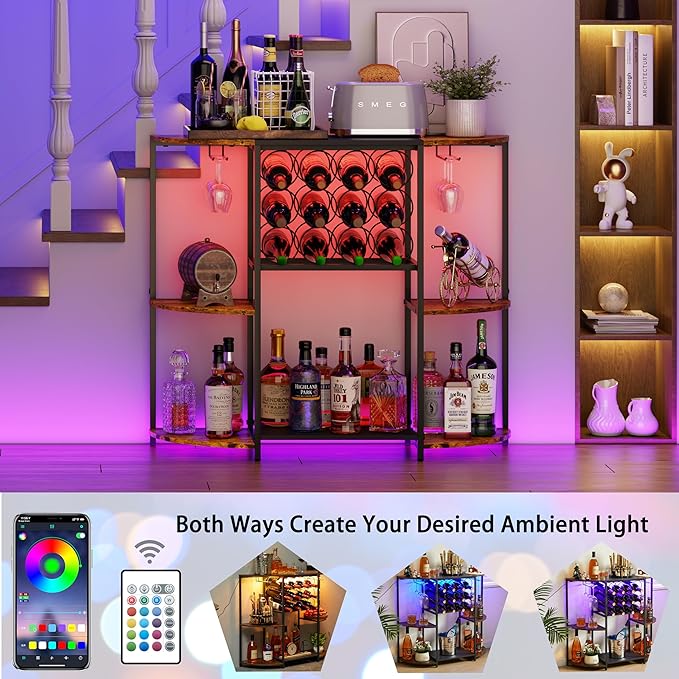JKsmart Wine Bar Cart with LED Lights, Mini Wine Rack with Storage and Glass - Image 3
