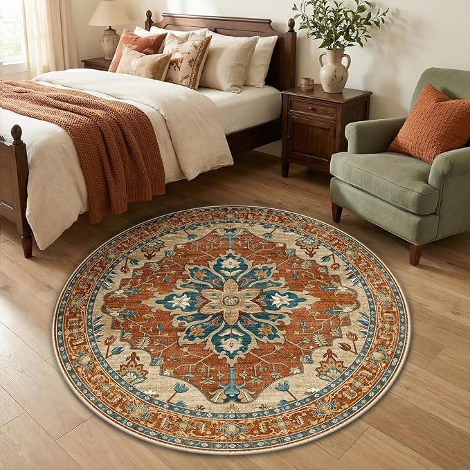 RELEANY Area Rugs Round 4ft Washable Non-Slip, Floral Vintage Distress Print - Image 2