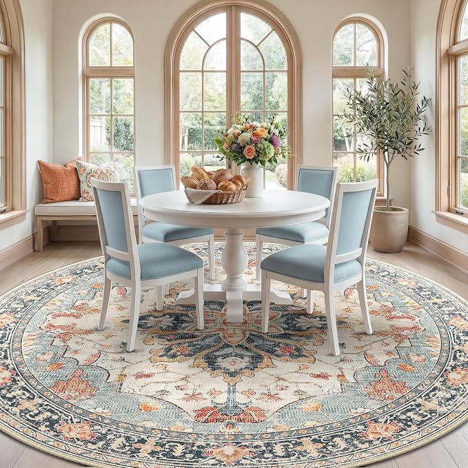 RELEANY Area Rugs Round 10ft Washable Non-Slip, Floral Vintage Distress Print - Image 3