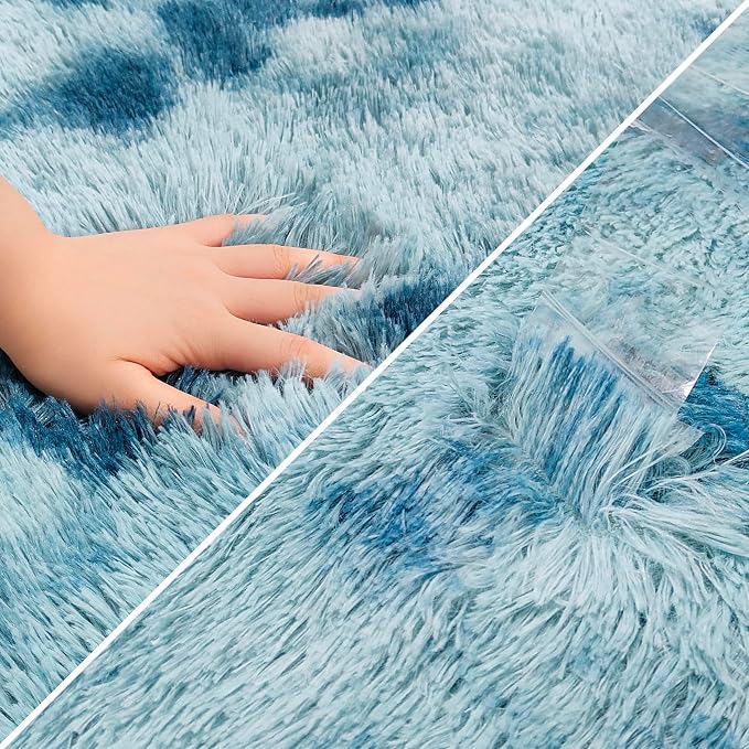 Super Soft Fluffy Living Room Area Rug 3x10 ft Tie-Dyed Light Blue Shaggy Furry - Image 6
