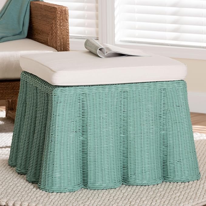 Bali & pari Palm Bohemian Seafoam Green Scallop Rattan Ottoman - Image 2
