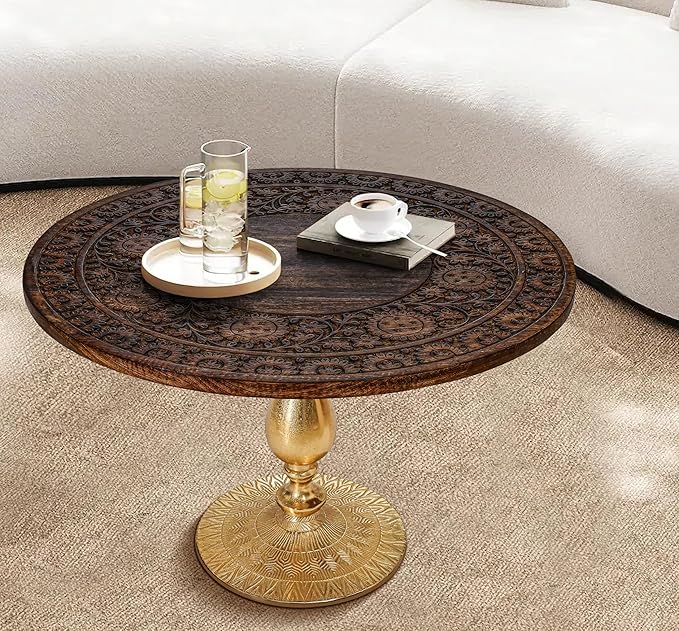 Coffee Table 24x24x18 Inch-Hand-Carved Solid Wood Center Table, Vintage Burnt - Image 5