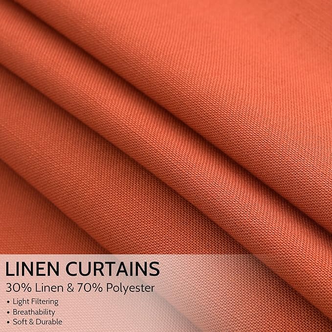 Extra Long Curtain Bright Orange Morden Linen Blend Light Filtering Back Tab - Image 2
